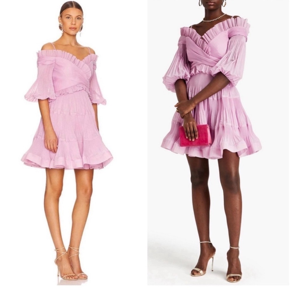 Zimmermann Pleated Taffeta Off the Shoulder Mini Dress Pink US 8 Cocktail Party
